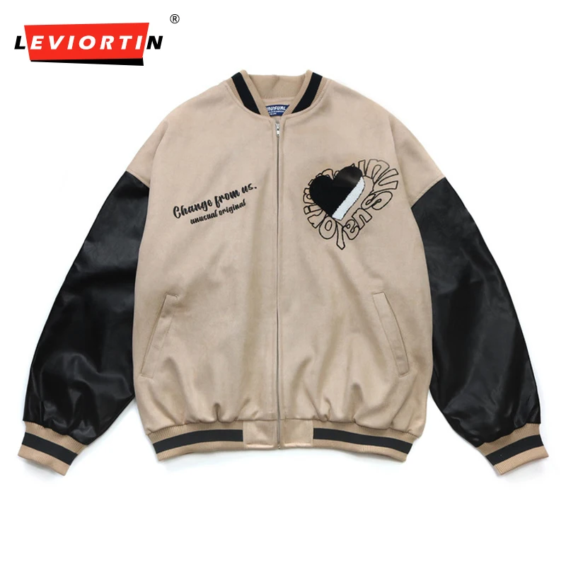 

LEVIORTIN Bomber Jackets Streetwear Embroidery Heart Full Zipper Color Block Pathchwork Coats Hip Hop Casual Loose Harajuku Tops