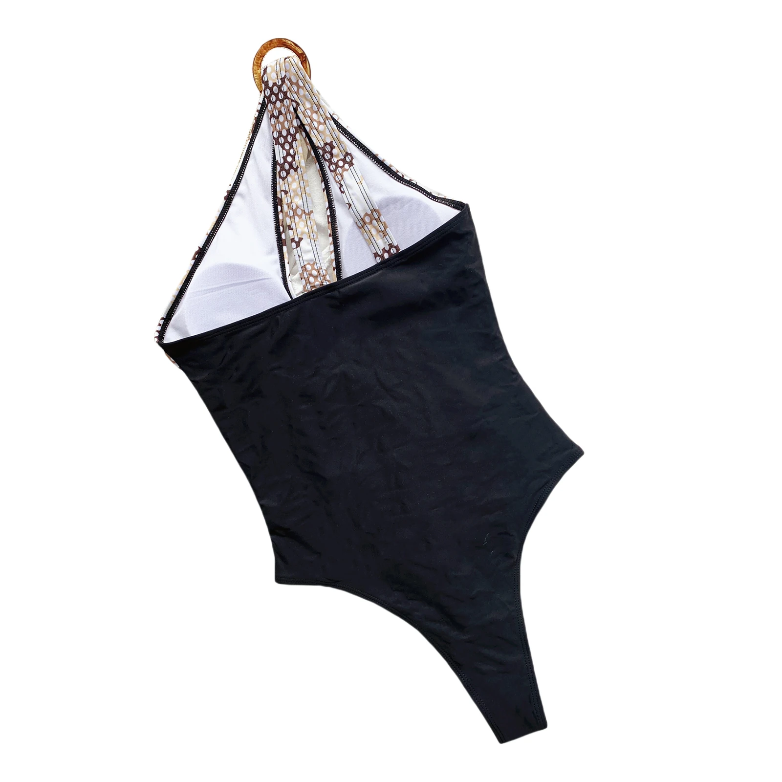 

2021 Women Summer Swimwear Splicing Pattern Hollow-out One Shoulder High Waist Swimsuit for Girls Bikini