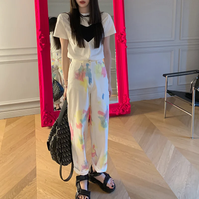 

Women Autumn White Cotton Long Denim Pants 2021 New Straight Jeans Graffiti Print Casual Trousers