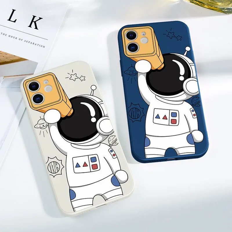 Luxury Space Astronaut Phone Case For iPhone 12 11 Pro Max Mini X XS XR 7 8 Plus SE 2 Slim Soft Liquid Silicone Protective Cover