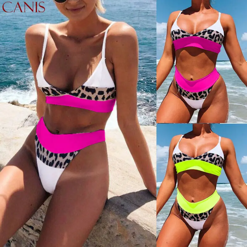 

2021 Summer Women Sexy Bikini Set Leopard Pattern Patchwork V-neck Bandage Push Up Bra High Waist Thong Swimwear Swimsuit