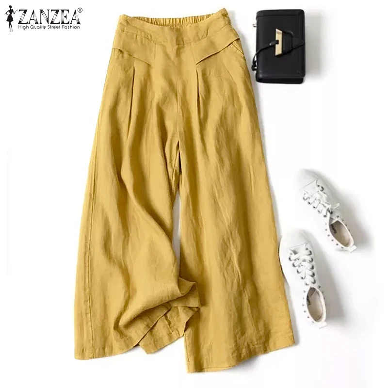 

Женские брюки с широкими штанинами ZANZEA, Модные осенние однотонные свободные длинные брюки, повседневные женские офисные хлопковые брюки па...