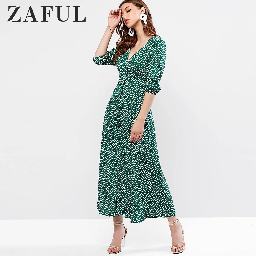 ZAFUL на пуговицах в мелкий цветочек длинное расклешенное платье с v-образной