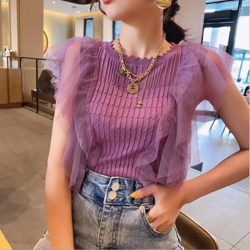 

Романтический вязаный сетчатый свитер, женские рубашки, лето 2021, модные темпераментные топы для самостоятельного культивирования, Женские ...