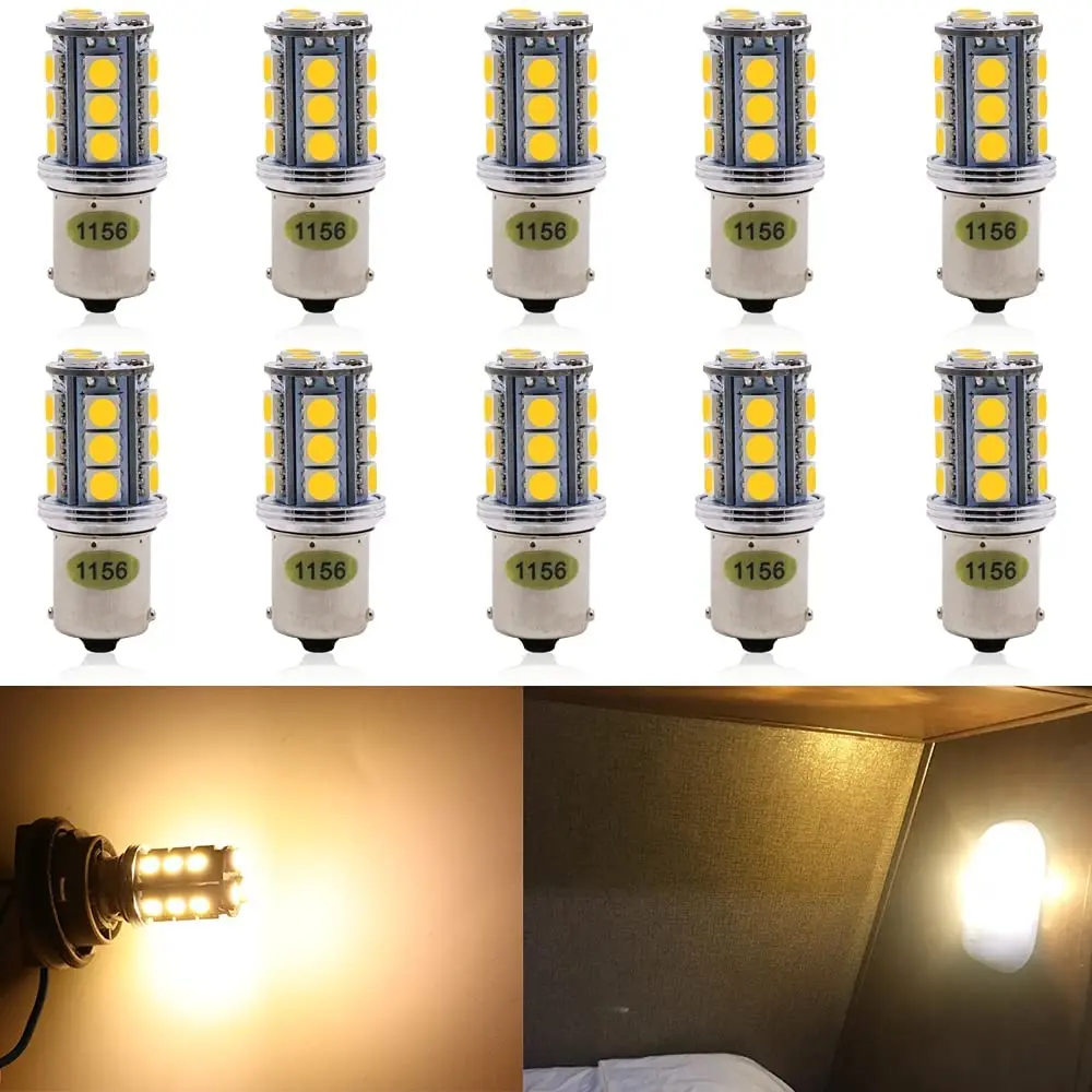 

10-Pack 1156 BA15S 7506 1141 1003 1073 Warm White LED Light 18 SMD Car Interior RV Camper Trailer Boat Tail Bulb 10V-30V AC/DC