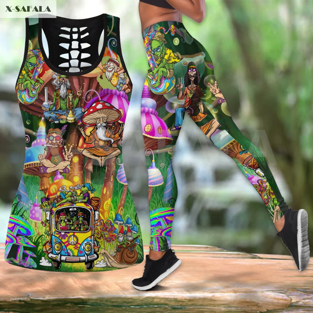 

Life Hippie Guys 3D Printed Women Combo Two Piece Yoga Set Vest Hollow Out Tank Top High Waist Legging Summer Casual Sport
