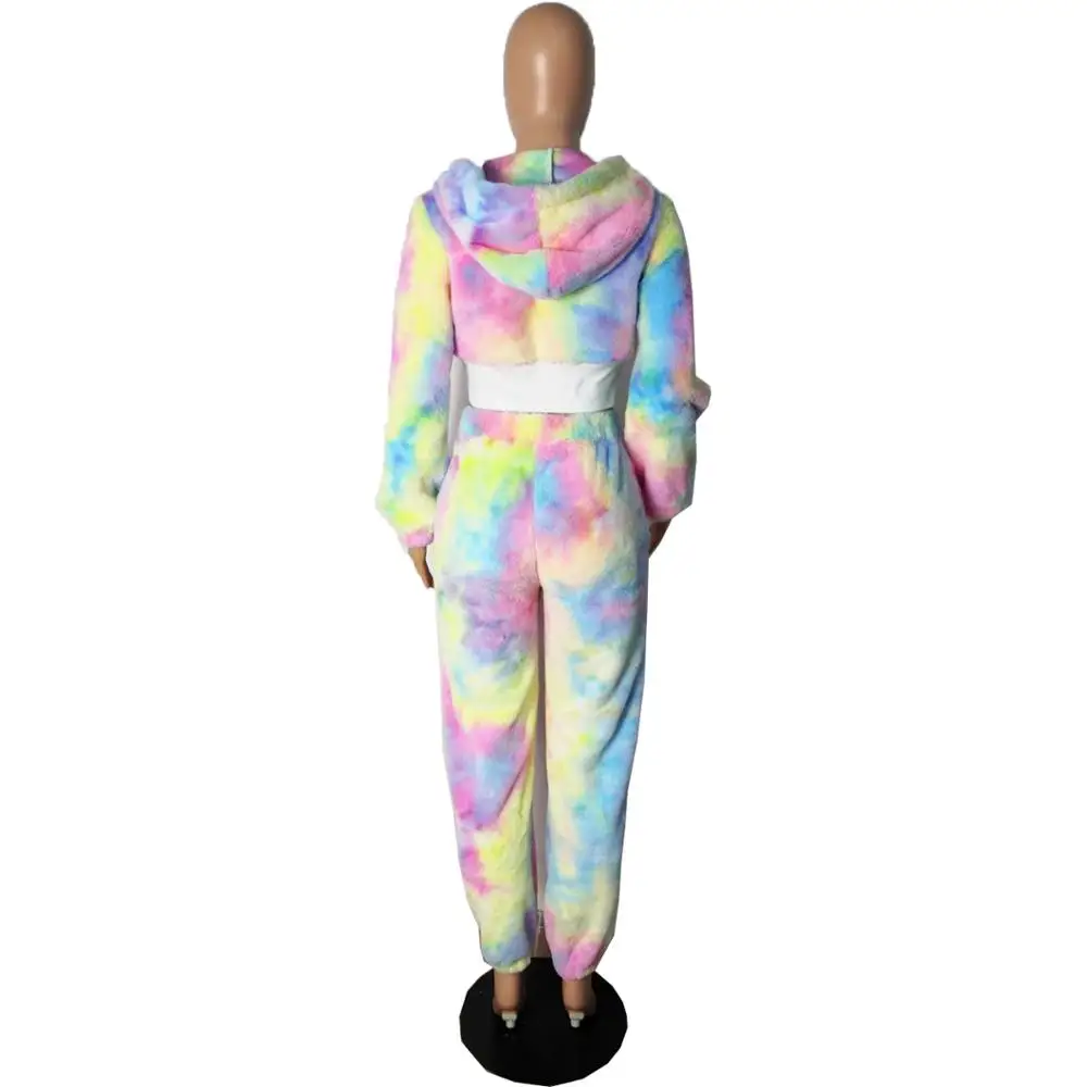 

Fall Winter Farley Velvet Women Home Outfits Fashion Tie-dye Printed Hooded Long Sleeves Zipper Coat Pants Two Pieces Party