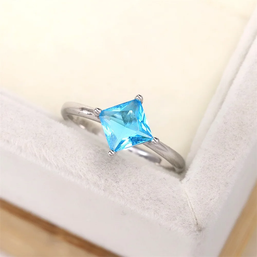 

Popular European and American S925 silver fashion simple wedding ring light blue square zircon crystal jewelry gifts