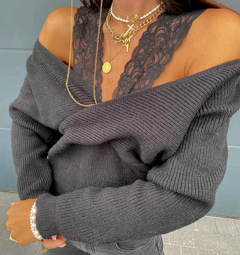 

Sexy Solid Color Lace V-neck Sling Strapless Long-sleeved Women's Top Casual Elegant Knitted All-match Office Stitching T-shirt