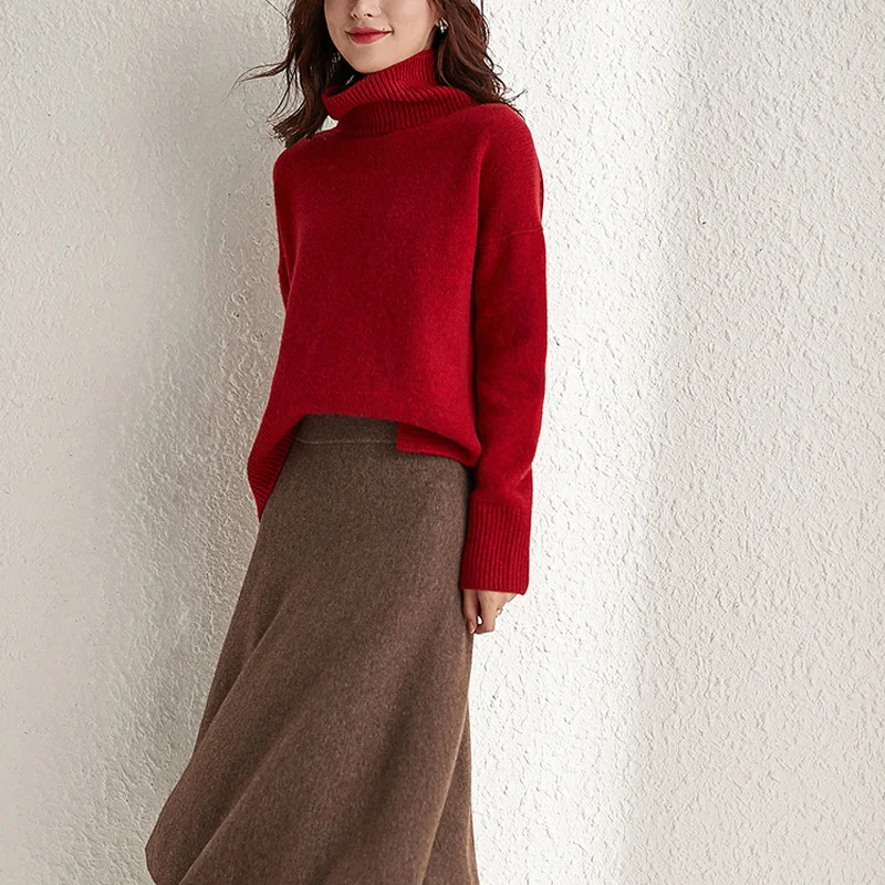 

Winter women's sweater casual solid color high neck long sleeve loose sweater