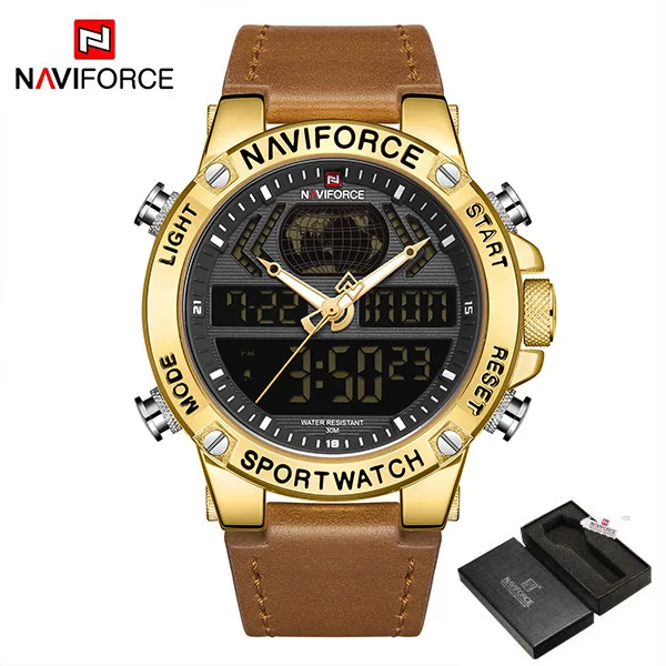 GoldBrownWithBox NAVIFORCE мужские часы Роскошные брендовые кварцевые часы кожаные водонепроницаемые военные часы с двойным дисплеем для мужчин Relogio Masculino - Цвет: GoldBrownWithBox