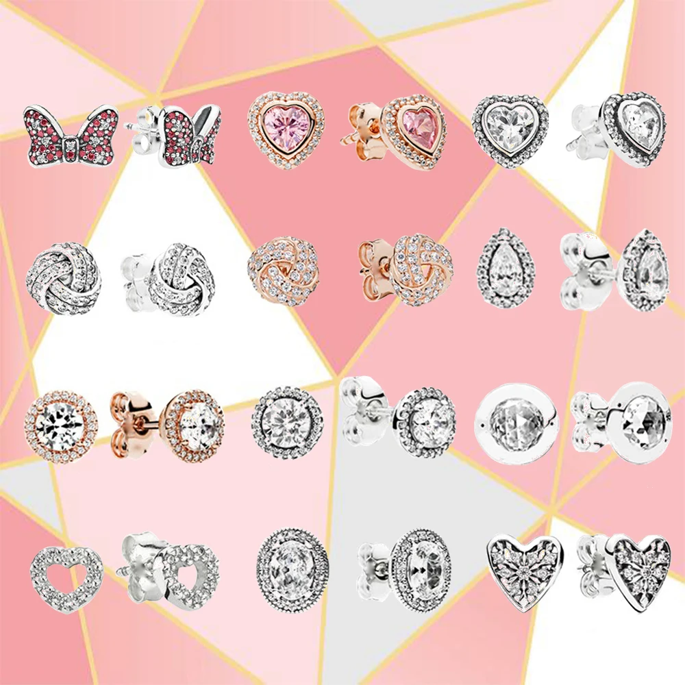 

100% 925 Sterling Silver 1:1 Charm Bow Heart-Shaped Rose Gold Teardrop Zircon Round Female Elegant Stud Earrings Pan