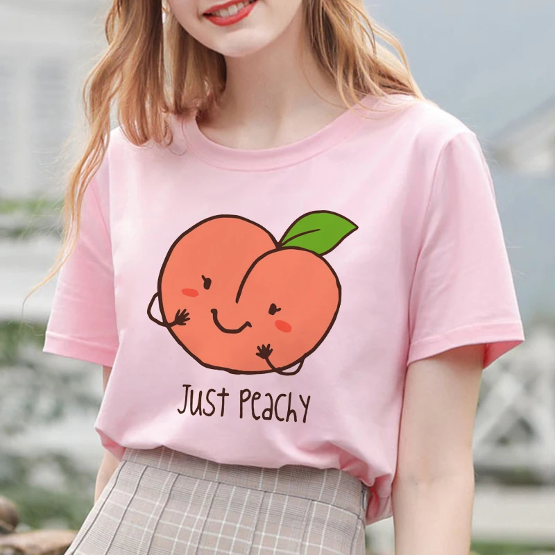 Summer New Pink Fashion Korean Style Women's Japanese Peach Juice Drink Print Harajuku Vogue Casual Loose Kawaii Female T Shirt