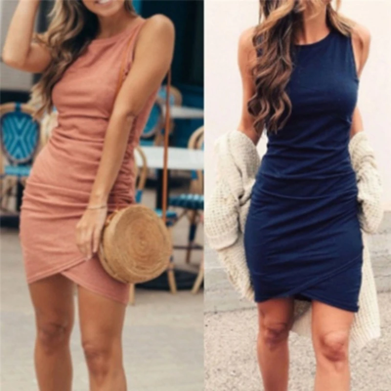 

2021 Summer Black Green Dress Women Solid Dark Blue Ruched Bodycon Dress Tank Beach Casual Mini Dress Short Sundress