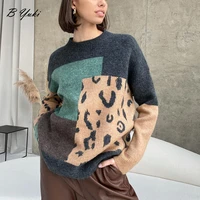 blessyuki leopard patchwork cashmere oversized pullovers sweater women casual loose soft knitted sweaters female vintage jumper