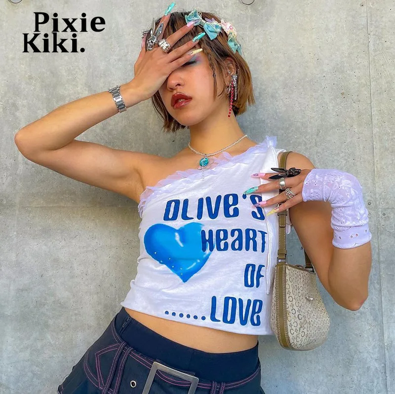 

PixieKiki Streetwear Y2k Aesthetic One Shoulder Crop Top Women Summer Clothing 2022 Trendy Sexy Graphic T Shirts P85-BZ10