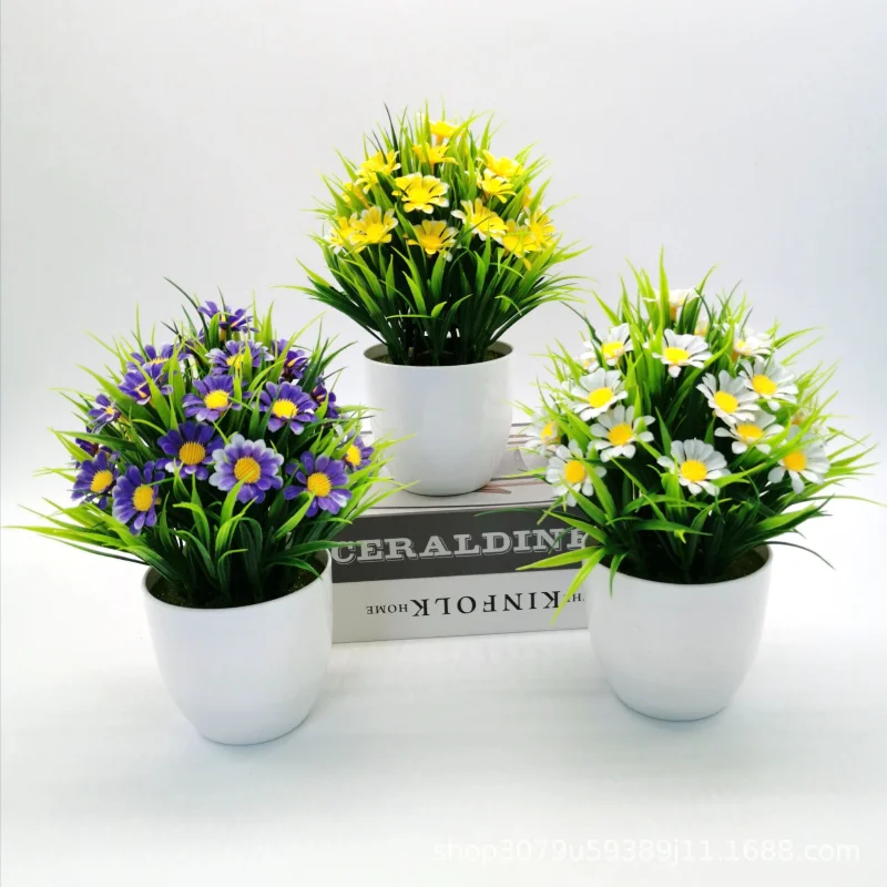 

25cm simulation spring grass chrysanthemum daisy potted plant, office supplies, home decoration plant decoration ornaments。