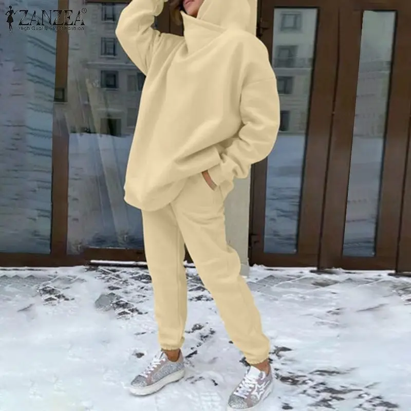 

Women Sweatshirts Hoodies Matching Sets ZANZEA 2022 Autumn Warm Pants Sets Oversized Casual Solid Long Sleeve Loose Sports Sets