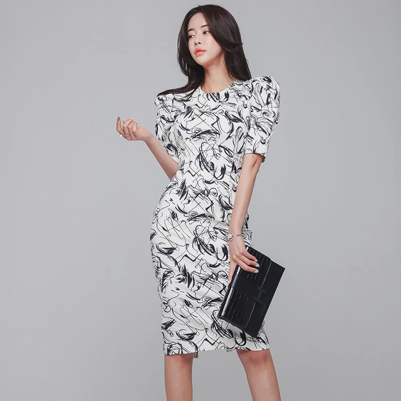 

Summer Office Lady Wear Women Print Formal Bodycon Short Slevess Dress