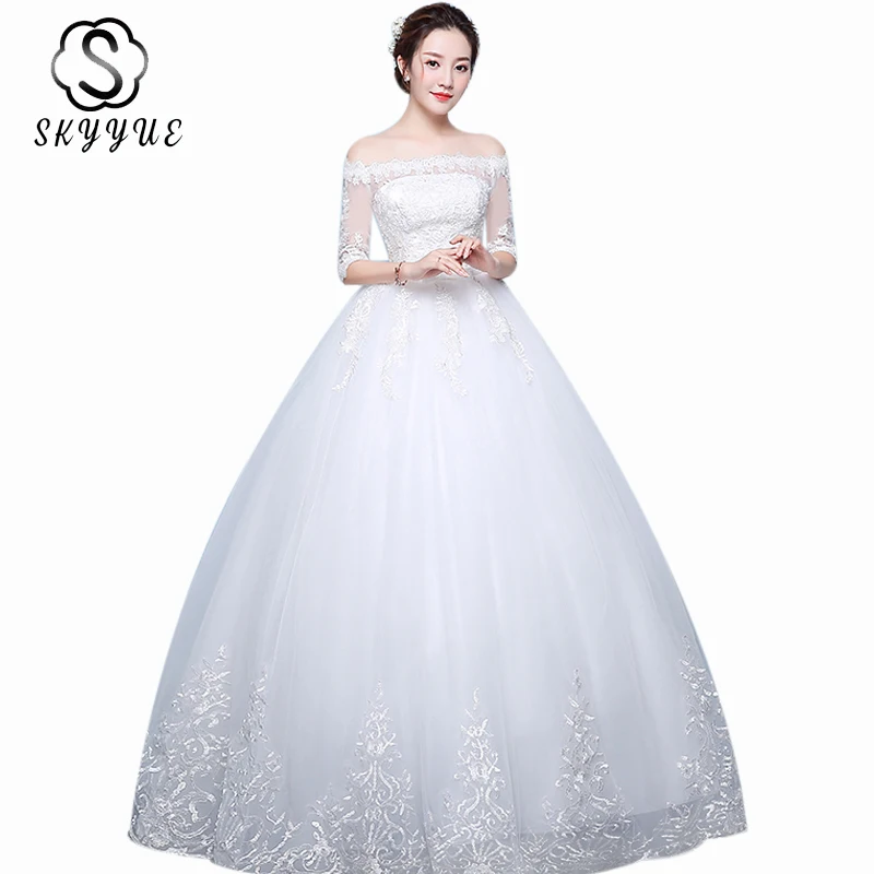 

Lace Wedding Gown Skyyue ER715 Elegant Plus Size Wedding Dresses For Women Three Quarter Sleeve Boat Neck Vestidos De Novia