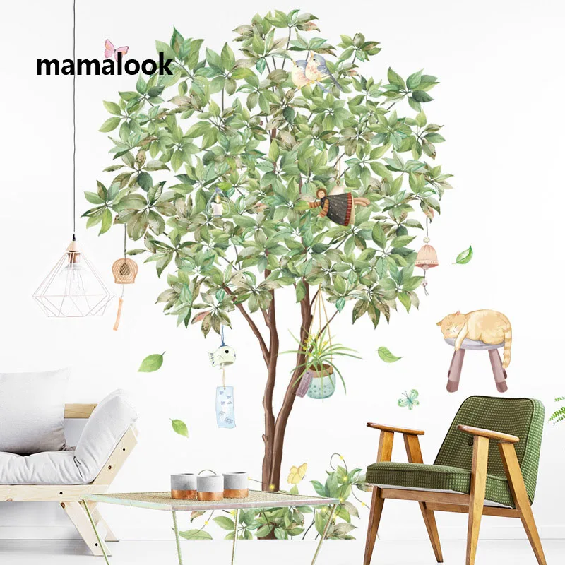 Green Tree Wind Chime Sticker Cat Background Sticker TV Sofa Sticker Bedroom Wall Sticker Pastoral Wall Sticker