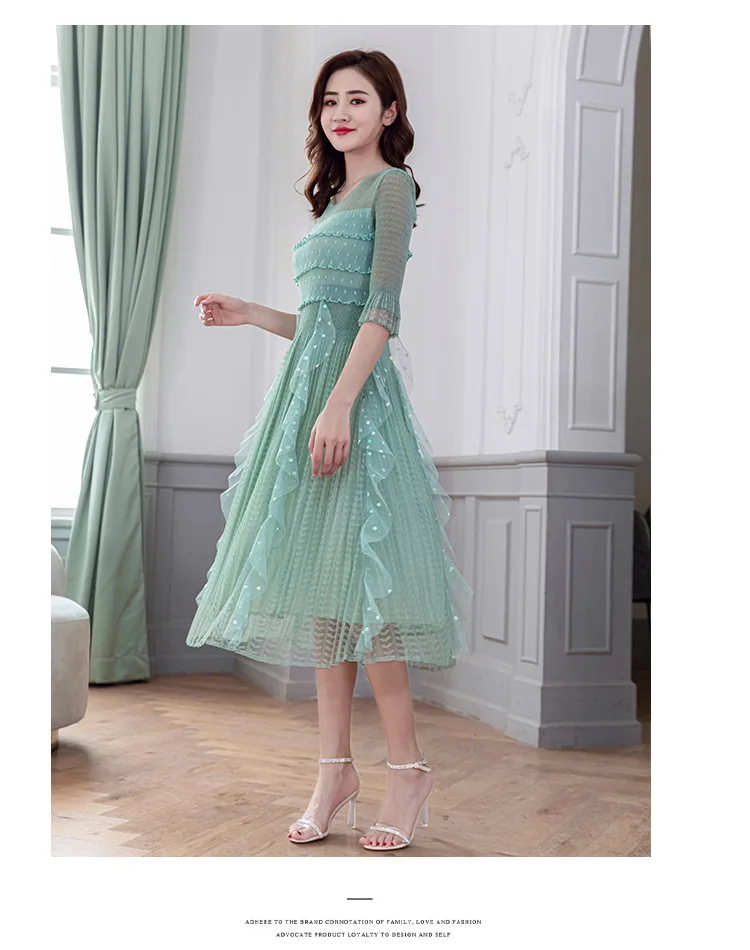 

Dress Summer For Women 45-75kg 2020 Large Size Miyake Pleated Round Neck Half Sleeves Dot Patchwork Ruffles Slim A-Line Dress