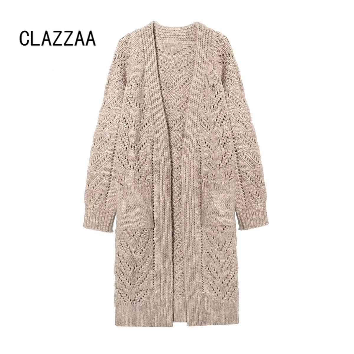 

Женский вязаный длинный кардиган с карманами, V-образным вырезом