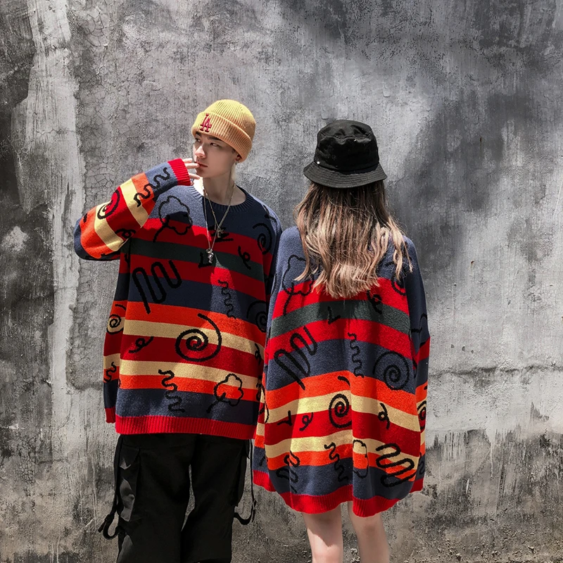 

Color Block Striped Graffiti Pullover Sweater Oversize Men and Women Round Neck Hip Hop Knit Sweaters Streetwear Baggy Sweater