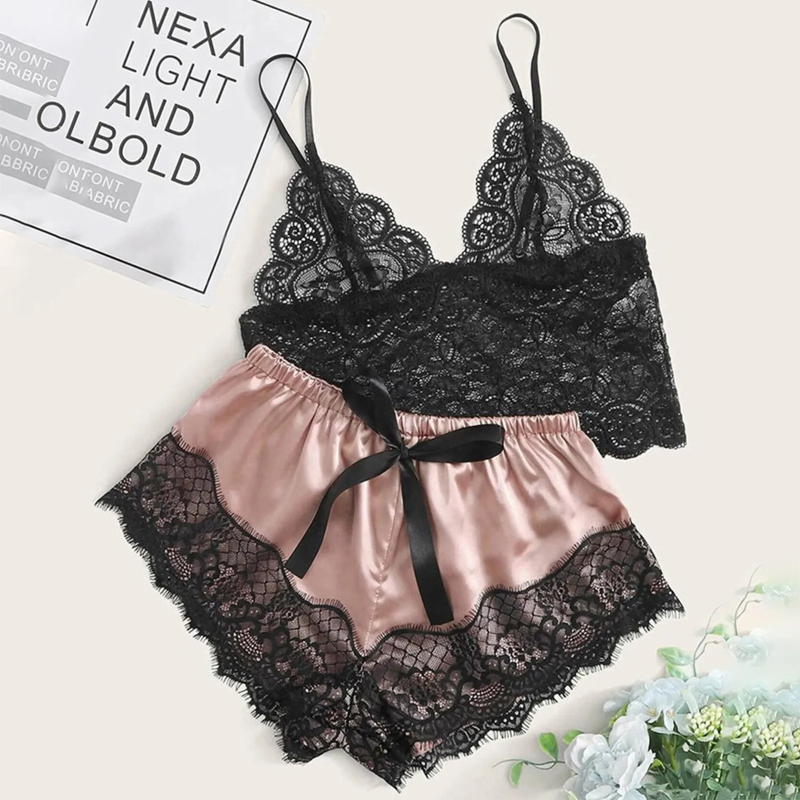 

Sexy Satin Lace Lingerie Silk Underwear Pajamas Shorts Set Women Babydoll Lace Up Bowknot Nightwear Sleepwear lingerie femme J60