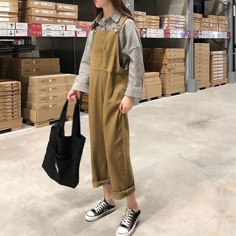 

Jumpsuits Women Button Preppy Style BF Retro Denim Suspender Trousers Chic Ins Trendy Straight Spring Streetwear Cozy Casual New