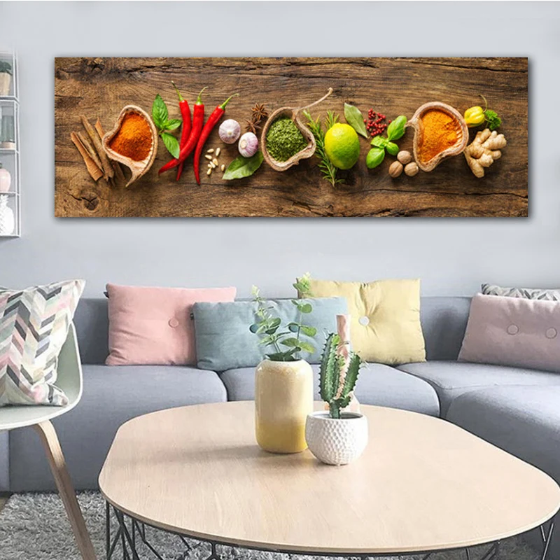 Картина на холсте "Кухонные зерна, специи, ложка, перец" в стиле скандинавский постер и печати, "Куадрос" для стены, изображение еды в гостиной.