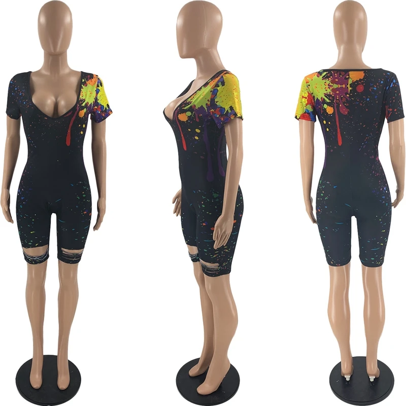 

Summer Clothing Print deep V jumpsuit Women Shorts One-piece Club Outfit Fitness Running Lounge Wear Streetwear Wholesale Items