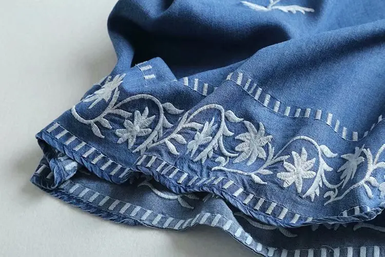 Летнее джинсовое платье с вышивкой женские мягкие джинсовые платья круглым