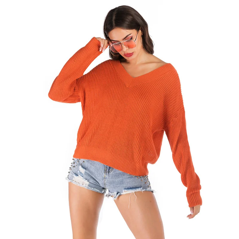 

Autumn 2021 New Solid Color V-neck Open Back Knitted Lace Up Long Sleeve Bottomed Sweater For Women Fashion Tops