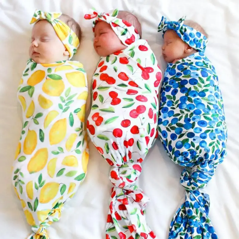 

2Pcs Set Newborn Blanket Printed Baby Souvenirs Headwear Photography Prop Clothing Boy Girl Swaddle Sack Sleeping Cover Headband