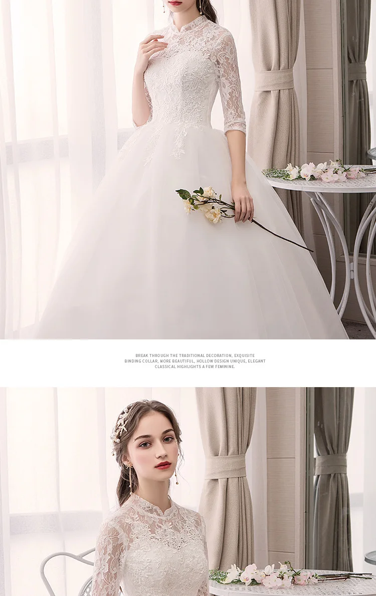 Robe De Mariee белые свадебные платья высокие кружевные аппликации для выреза бальный халат с рукавами до локтя Элегантные платья невесты Abito Da Sposa