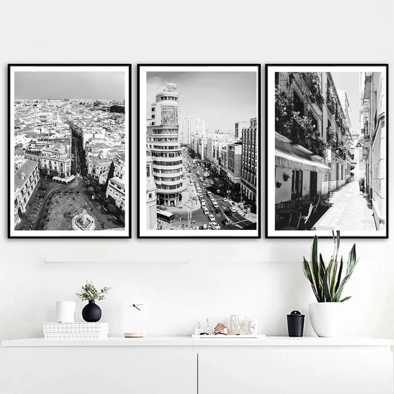 Винтажный винтажный городской постер черного цвета в Мадридском стиле пейзаж