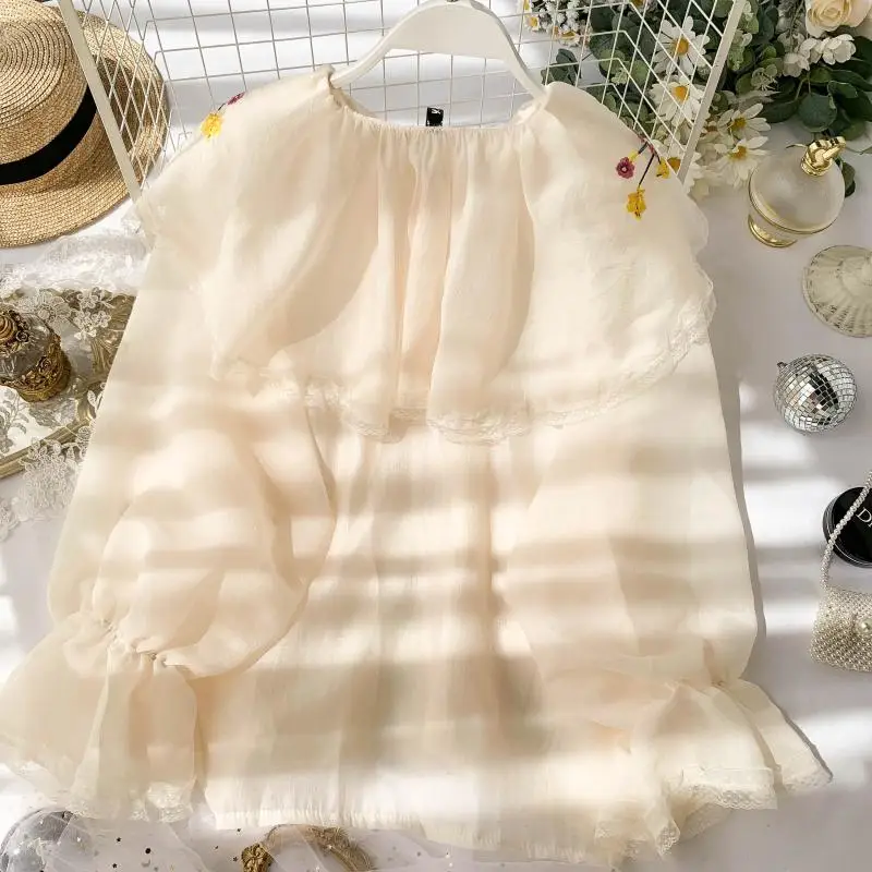 Женская блузка с цветочной вышивкой в стиле преппи рубашка одежда блузки длинным