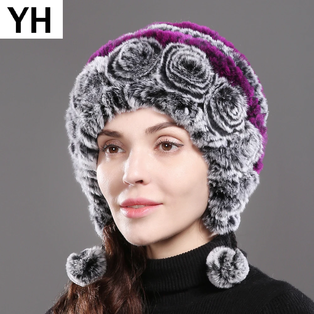2020 Новый стиль Настоящий мех кролика вязаная шапка в полоску с цветочным принтом