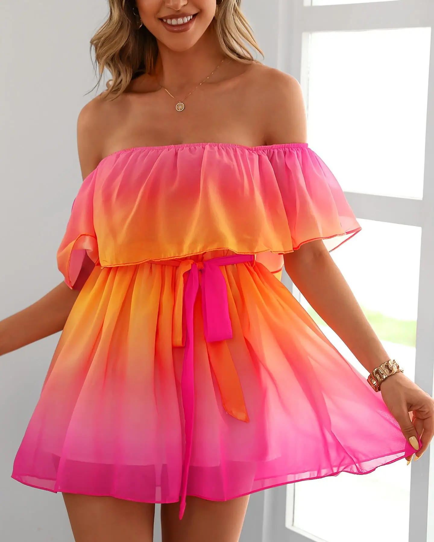 

Summer Short Sleeve Women Dress One Word Collar Fashion Printed Gradient Off-shoulder Loose Ruffled Elastic Waist Slim Dresses