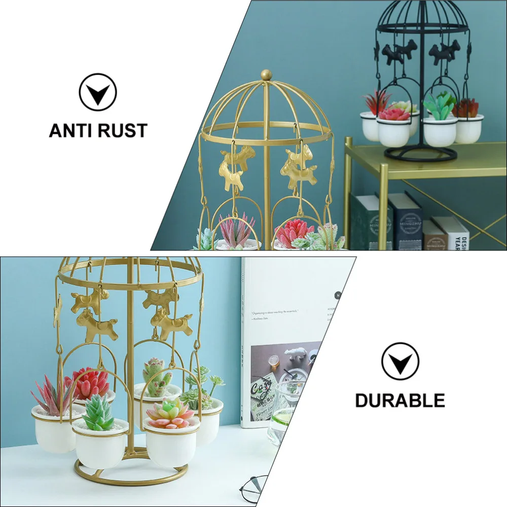 

1 Set Creative Carousel Iron Frame Ceramic Succulent Flower Pot Home Decoration