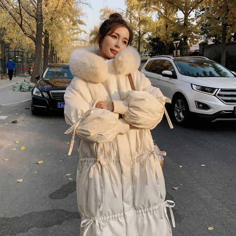 

Women's Winter Cotton-padded Long Shiny Silk Bowknot White Duck Down Material Korean Loose Thick Hooded Large Fur Collar Jacket