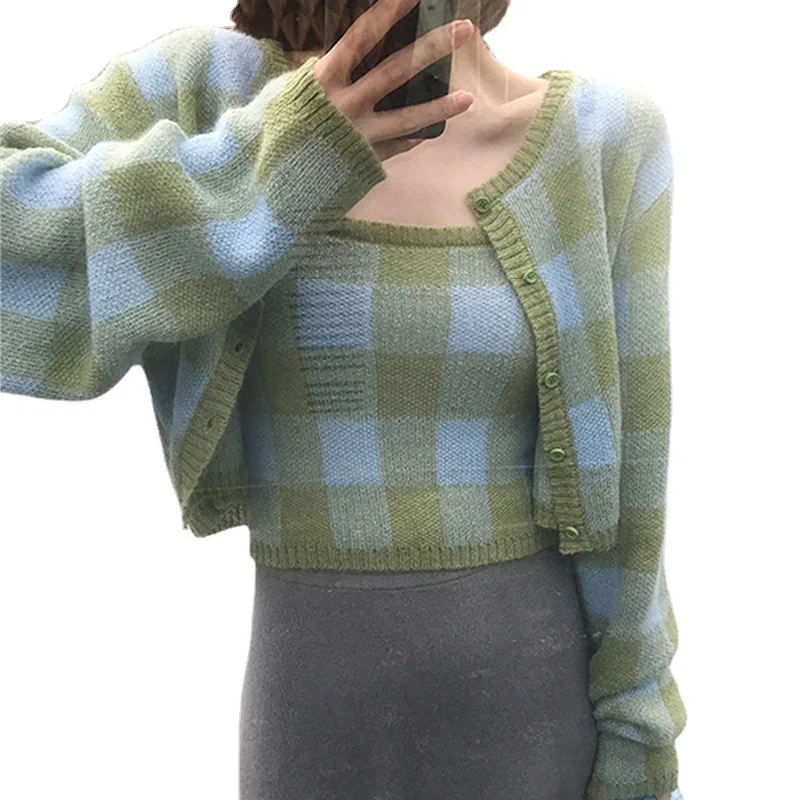 

Two Piece Cardigans Set Women Spring O Neck Long Sleeve Plaid Cardigan Chic Knitted Sling Vest Sueters De Mujer Korean Clothing