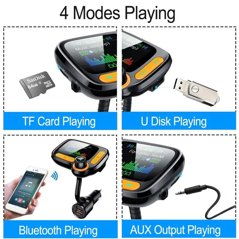 FM трансмиттер автомобильный Pantalla A Color Bluetooth 5 0 беспроводной модулятор mp3 плеер QC 3