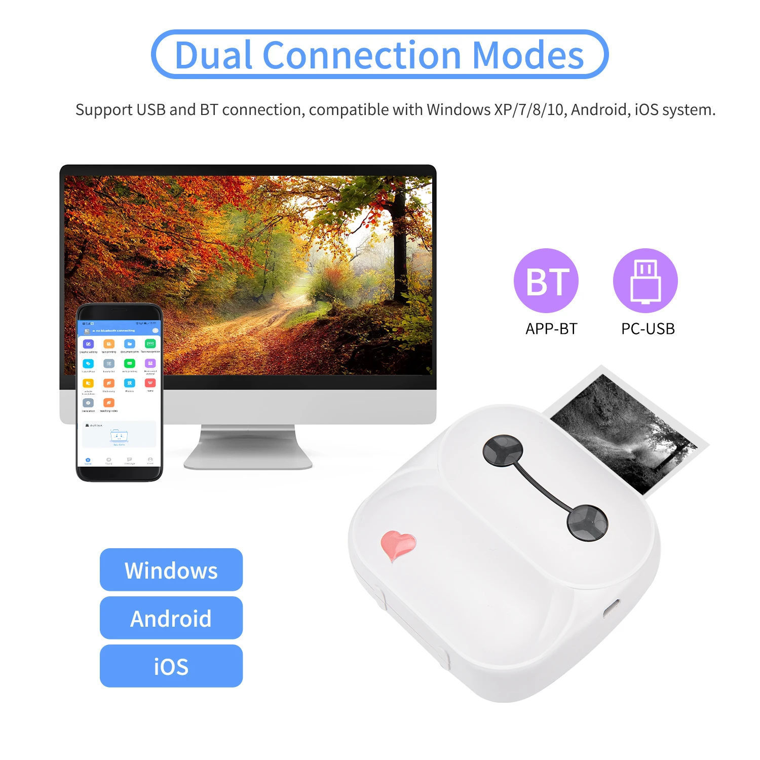 Карманный мини-принтер портативный термопринтер 203 точек/дюйм BT беспроводное