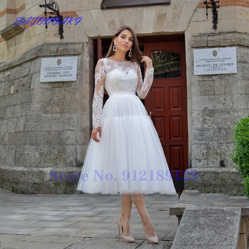 

Vestidos De Novia 2021 Modest Lace Short Wedding Dresses Scoop Neck Long Sleeves Tulle Tea Length Beach Garden Bridal Gowns
