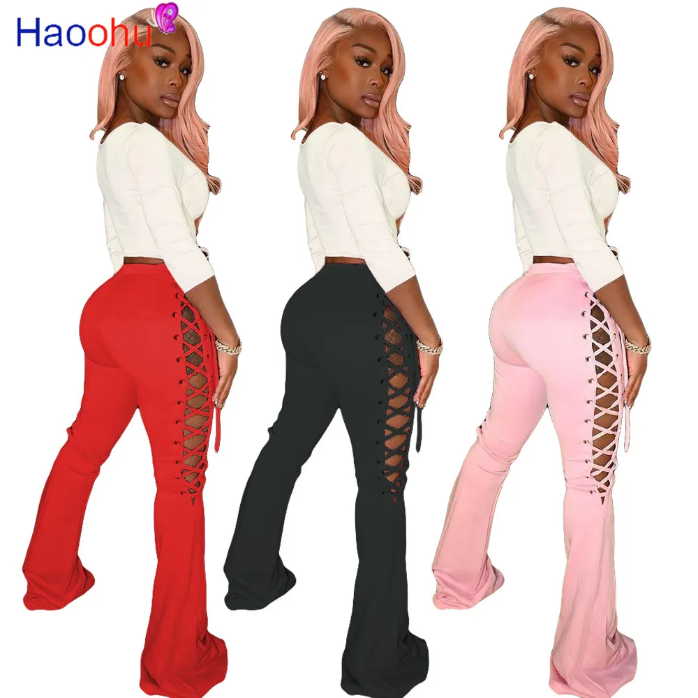 

HAOOHU Sexy Flare Pants Women Fashion Clothing for Fall Winter Streetwear Bandage Hollow Pants High Waist Night Club Trousers