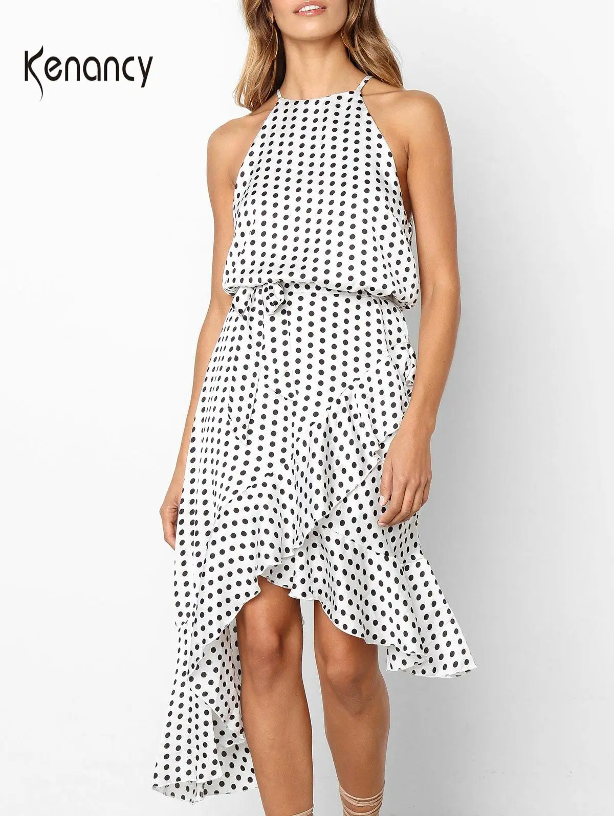 Женское асимметричное платье в горошек Kenancy летнее средней длины без рукавов с