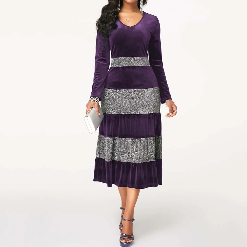 Женское бархатное платье в полоску размера плюс с оборками элегантные вечерние