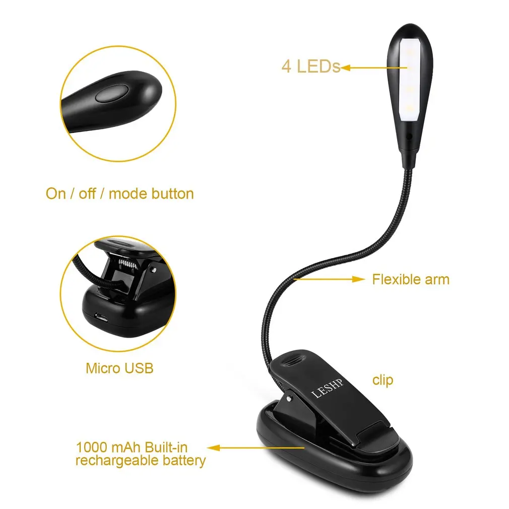 Перезаряжасветильник настольная лампа Leshp с 4 светодиодами для чтения/прослушивания музыки Гибкая